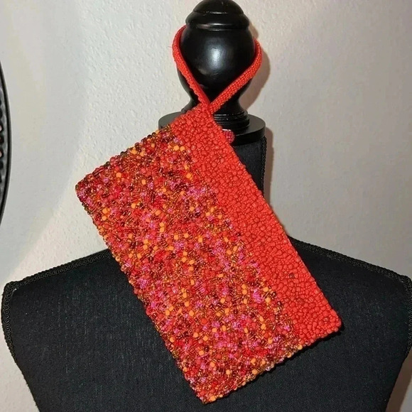 Heavily Beaded Orange Evening Bag Purse Wristlet Excellent Condition - Picture 10 of 14